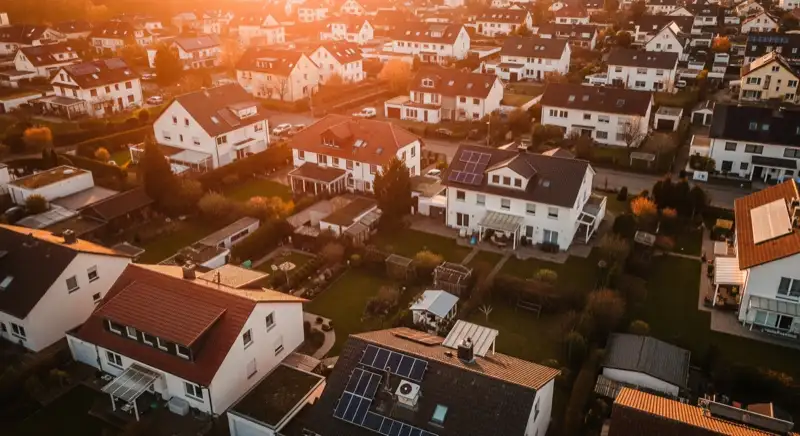 Aerial drone view of typical German residential neighborhood with mixed roof types, red and dark roof tiles, gardens visible, sunny day