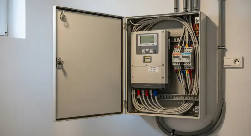 Modern German electrical meter cabinet (Zählerschrank) with smart meter and solar inverter connection, clean technical installation