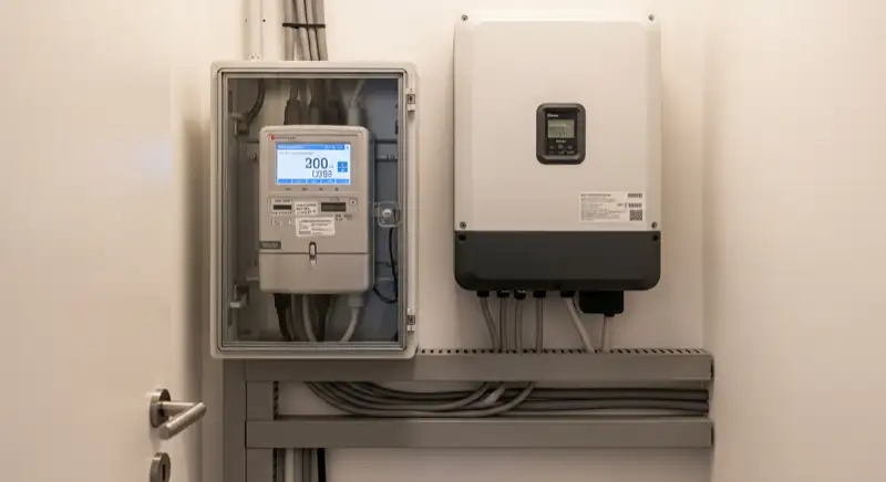Modern German electrical meter cabinet (Zählerschrank) with smart meter and solar inverter connection, clean technical installation