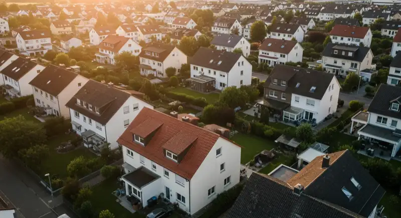 Aerial drone view of typical German residential neighborhood with mixed roof types, red and dark roof tiles, gardens visible, sunny day