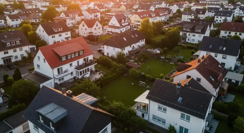 Aerial drone view of typical German residential neighborhood with mixed roof types, red and dark roof tiles, gardens visible, sunny day