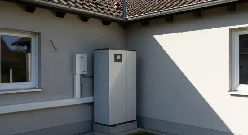 Wärmepumpen-Außeneinheit vor typischem Fellbacher Einfamilienhaus während der Installation