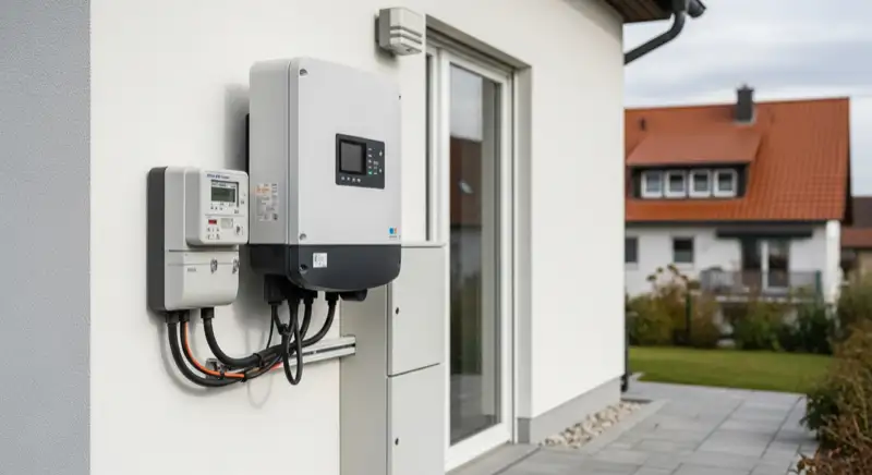 Modern German electrical meter cabinet (Zählerschrank) with smart meter and solar inverter connection, clean technical installation