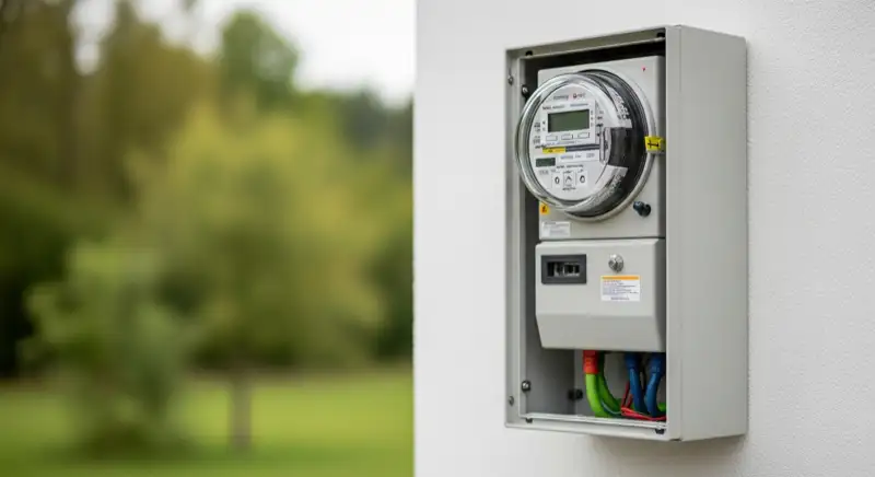 Modern German electrical meter cabinet (Zählerschrank) with smart meter and solar inverter connection, clean technical installation