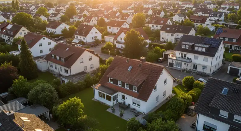 Aerial drone view of typical German residential neighborhood with mixed roof types, red and dark roof tiles, gardens visible, sunny day