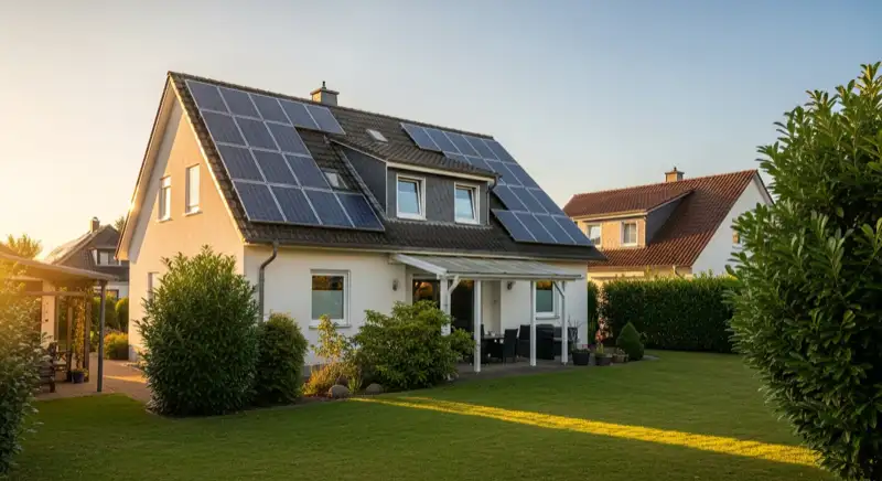 German detached house (Einfamilienhaus) with photovoltaic panels on pitched roof, well-maintained garden, warm afternoon sunlight