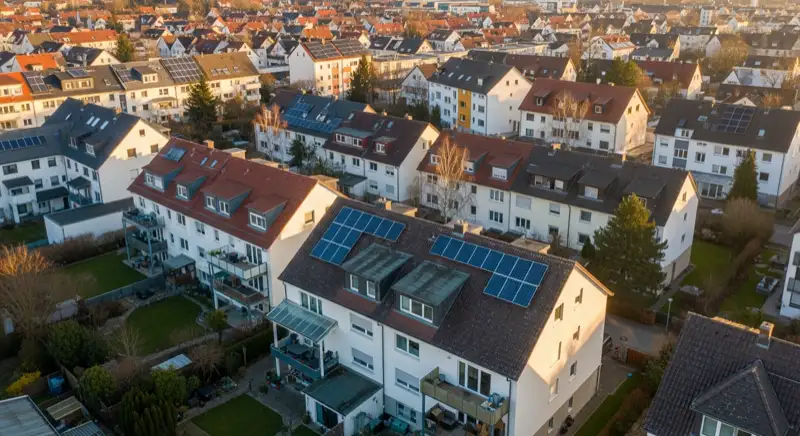 Aerial drone view of typical German residential neighborhood with mixed roof types, red and dark roof tiles, gardens visible, sunny day