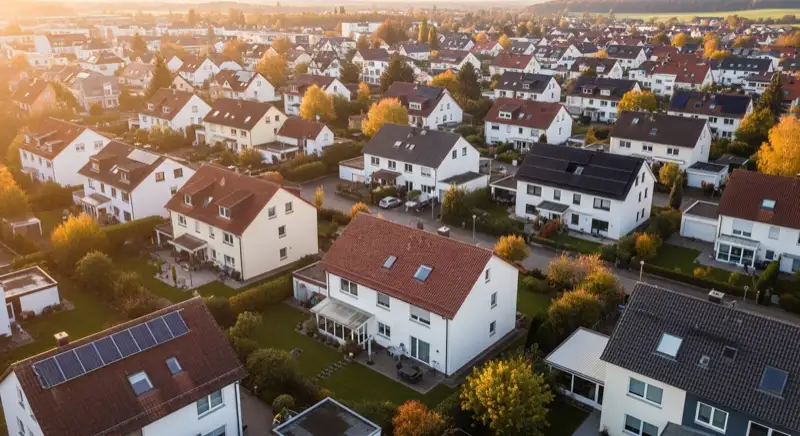 Aerial drone view of typical German residential neighborhood with mixed roof types, red and dark roof tiles, gardens visible, sunny day