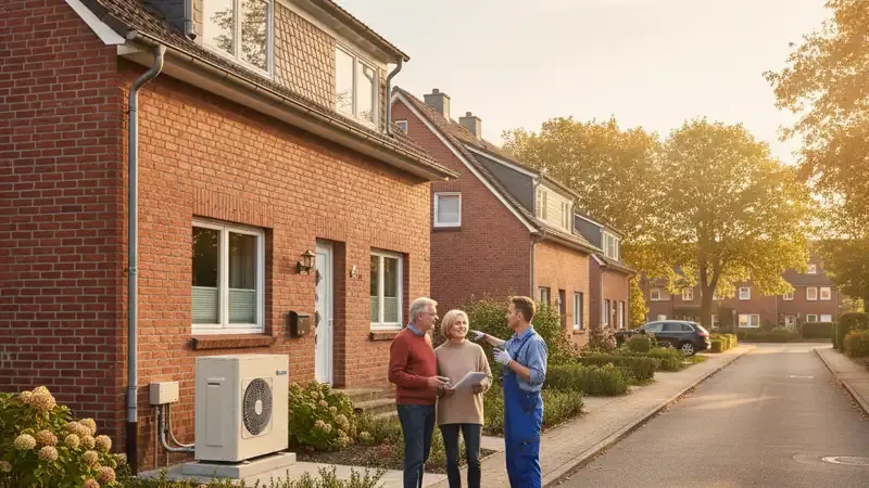 Einfamilienhaus mit Wärmepumpe im Vorgarten in einem Flensburger Wohngebiet mit typischer Backstein-Architektur