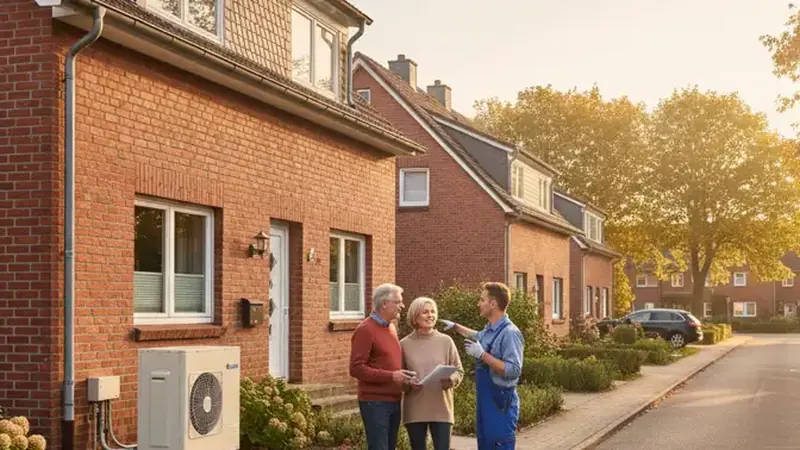 Luft-Wasser-Wärmepumpe vor einem Flensburger Reihenhaus mit rotem Backstein