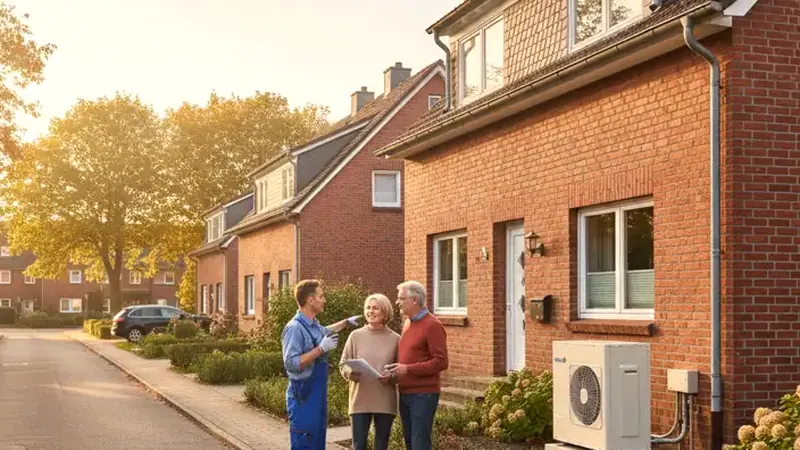 Wärmepumpe kombiniert mit Solaranlage auf einem Flensburger Haus mit Gartenblick