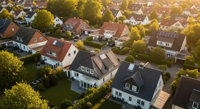 Aerial drone view of typical German residential neighborhood with mixed roof types, red and dark roof tiles, gardens visible, sunny day