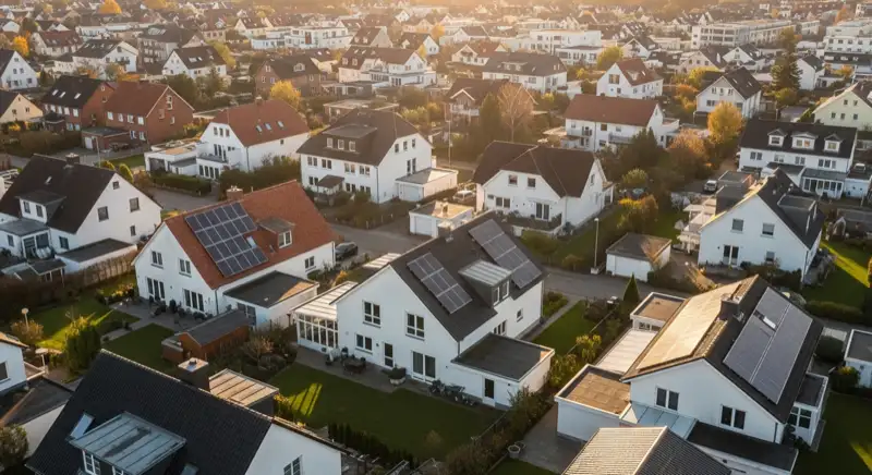 Aerial drone view of typical German residential neighborhood with mixed roof types, red and dark roof tiles, gardens visible, sunny day