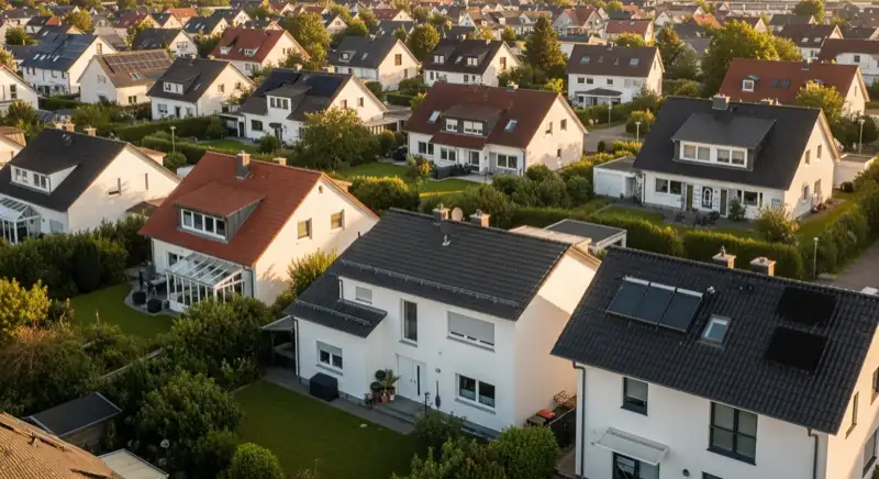 Aerial drone view of typical German residential neighborhood with mixed roof types, red and dark roof tiles, gardens visible, sunny day