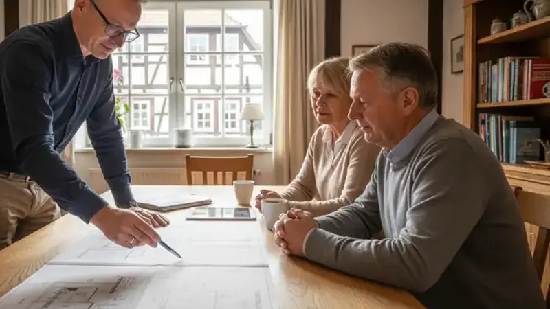 Heizungsbauer installiert Wärmepumpe an einem Flensburger Einfamilienhaus
