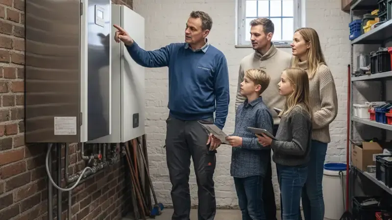 Vorher-Nachher-Vergleich: alte Gasheizung und moderne Wärmepumpe im Keller eines Flensburger Altbaus