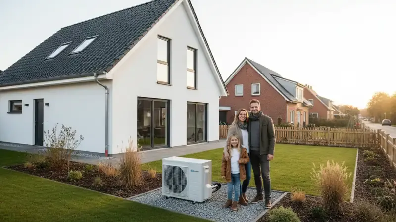 Moderne Luft-Wasser-Wärmepumpe im Vorgarten eines Altflensburger Hauses in Mürwik mit rotem Klinker