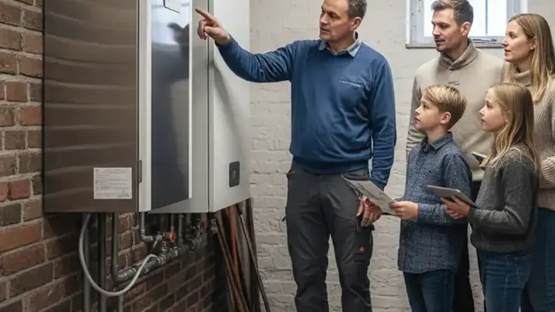 Winterszene in einem Flensburger Vorort mit Altflensburger Häusern und Wärmepumpe, Förde im Hintergrund