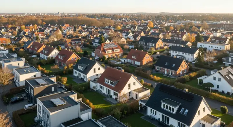 Aerial drone view of typical German residential neighborhood with mixed roof types, red and dark roof tiles, gardens visible, sunny day