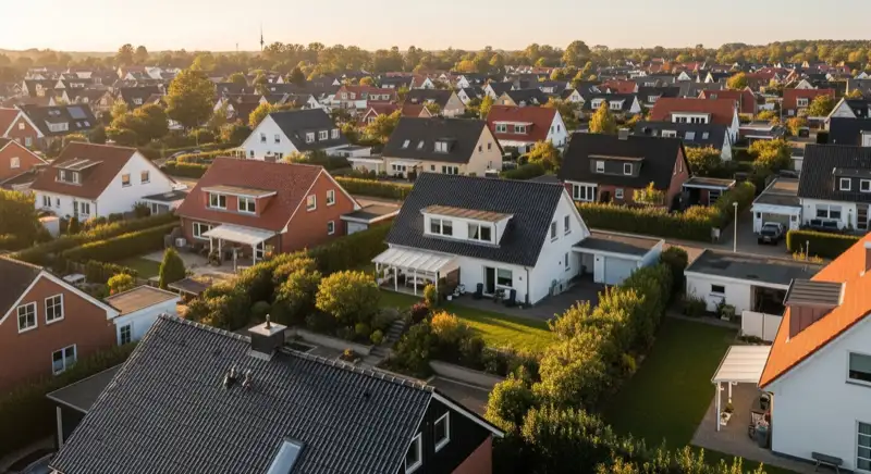 Aerial drone view of typical German residential neighborhood with mixed roof types, red and dark roof tiles, gardens visible, sunny day