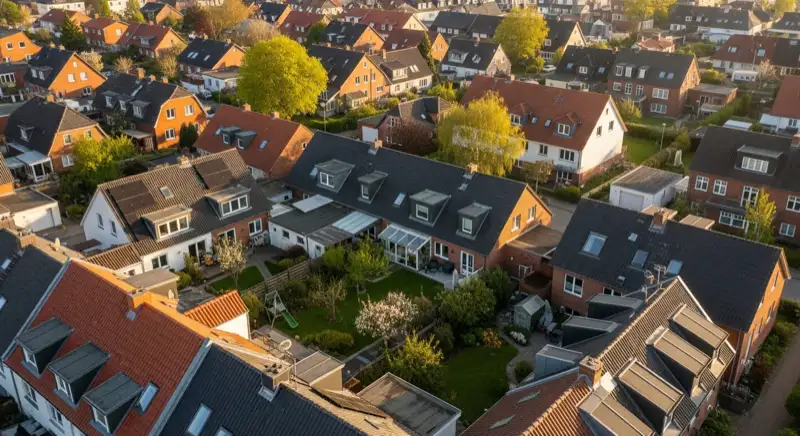 Aerial drone view of typical German residential neighborhood with mixed roof types, red and dark roof tiles, gardens visible, sunny day