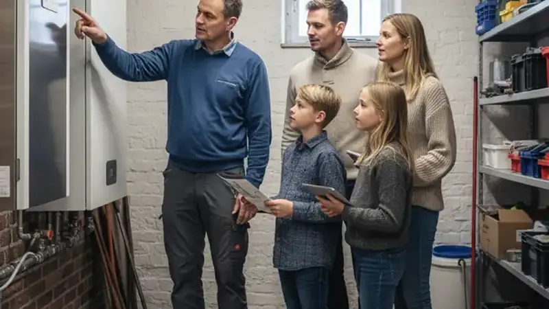 Typisches Altflensburger Haus in Weiche mit Erker und moderner Wärmepumpe im seitlichen Vorgarten