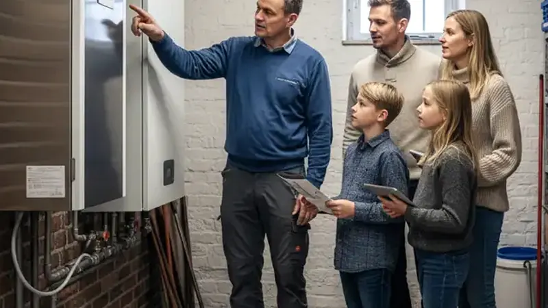 Fachinstallateur bei der Montage einer Wärmepumpe an einem Flensburger Altflensburger Haus mit Klinker-Fassade