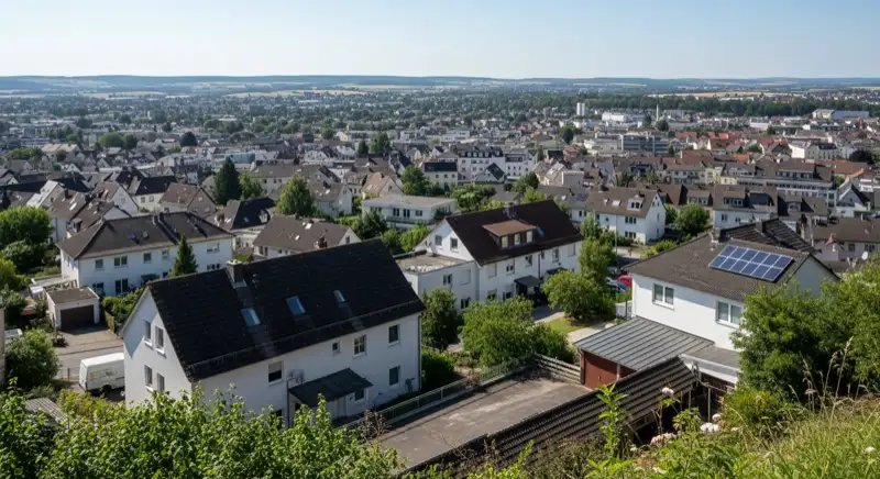 Aerial drone view of typical German residential neighborhood with mixed roof types, red and dark roof tiles, gardens visible, sunny day