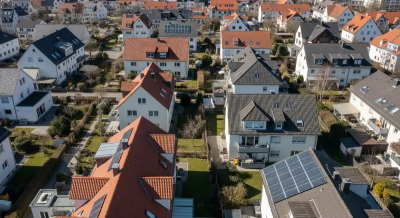Aerial drone view of typical German residential neighborhood with mixed roof types, red and dark roof tiles, gardens visible, sunny day