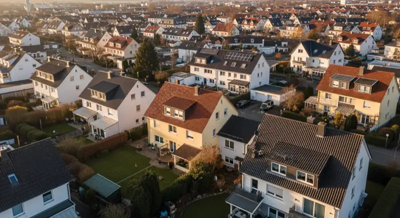 Aerial drone view of typical German residential neighborhood with mixed roof types, red and dark roof tiles, gardens visible, sunny day