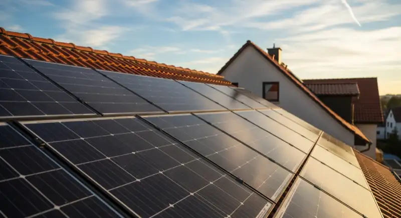 Close-up of photovoltaic solar panels installed on a traditional German Satteldach (gabled roof), blue sky with some clouds