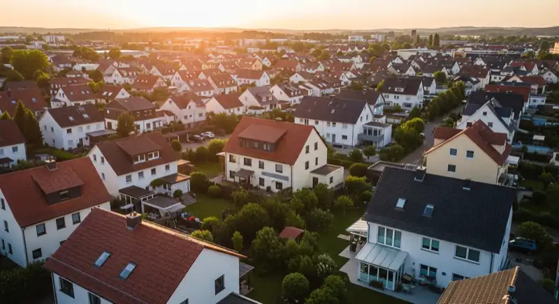 Aerial drone view of typical German residential neighborhood with mixed roof types, red and dark roof tiles, gardens visible, sunny day