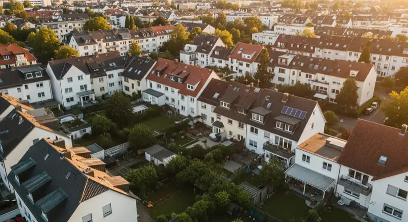 Aerial drone view of typical German residential neighborhood with mixed roof types, red and dark roof tiles, gardens visible, sunny day