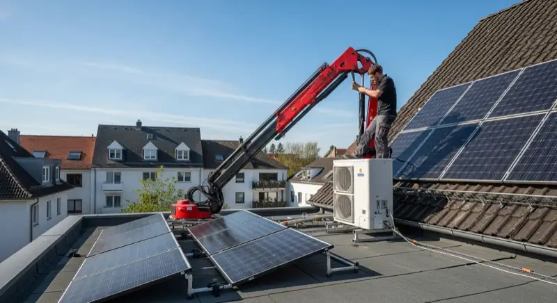 Installateur montiert Wärmepumpen-Außeneinheit vor Frankfurter Reihenhaus