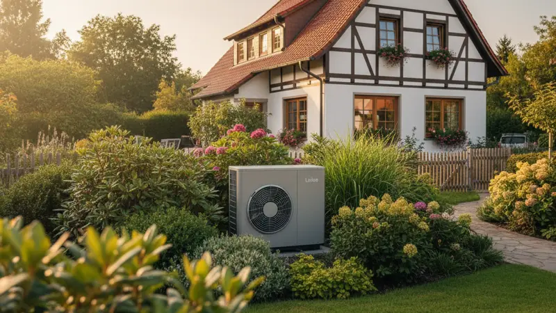 Leise Wärmepumpe in einem Frankfurter Garten mit Schallschutzhaube