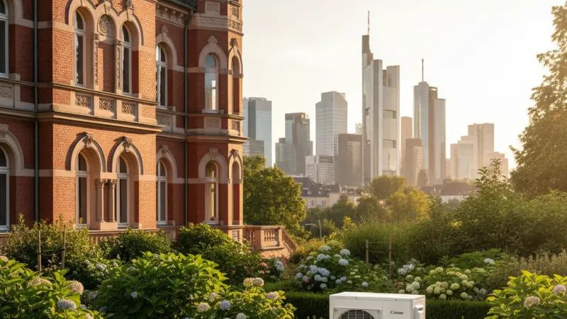 Moderne Luft-Wärmepumpe vor einem Frankfurter Altbau mit Skyline im Hintergrund
