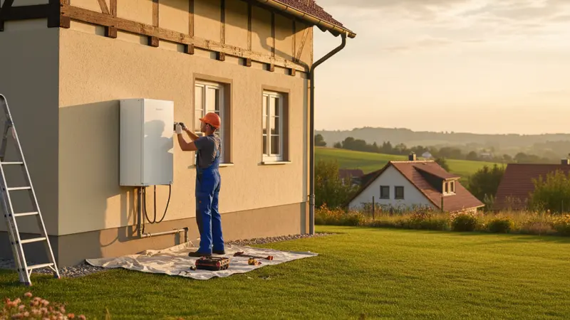 Fachbetrieb installiert Wärmepumpe an einem Frankfurter Einfamilienhaus