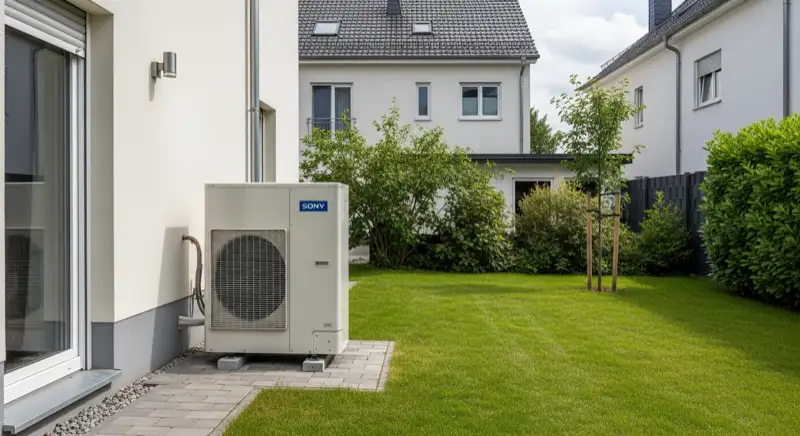 Außeneinheit einer Wärmepumpe neben einem Einfamilienhaus mit Garten in Beresinchen