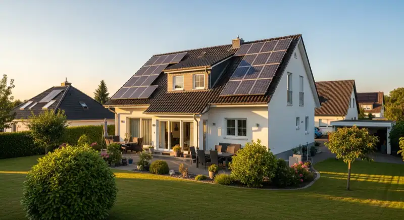 German detached house (Einfamilienhaus) with photovoltaic panels on pitched roof, well-maintained garden, warm afternoon sunlight