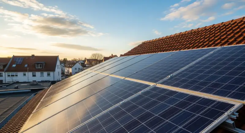 Close-up of photovoltaic solar panels installed on a traditional German Satteldach (gabled roof), blue sky with some clouds