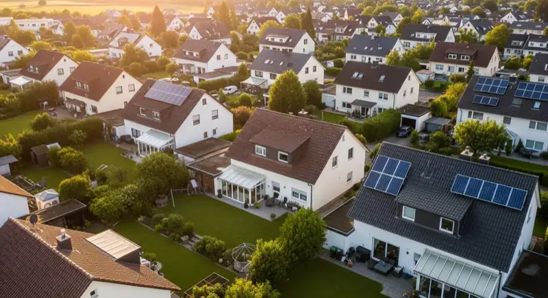 Aerial drone view of typical German residential neighborhood with mixed roof types, red and dark roof tiles, gardens visible, sunny day