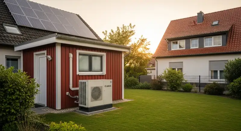 Moderne Luft-Wärmepumpe Außengerät vor typischem Frechen Einfamilienhaus mit rotem Klinker