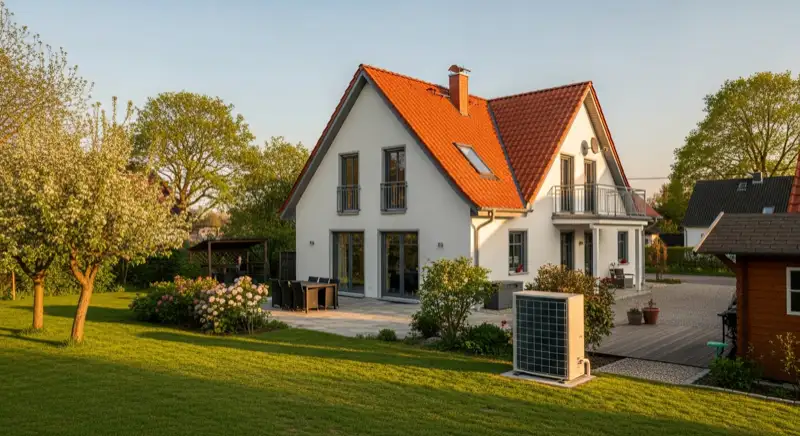 Ländliches Wohnhaus in Kleinwaltersdorf mit Wärmepumpen-Außeneinheit im Garten