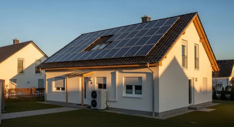 Einfamilienhaus in Freiberg mit Solardach und Wärmepumpen-Außeneinheit