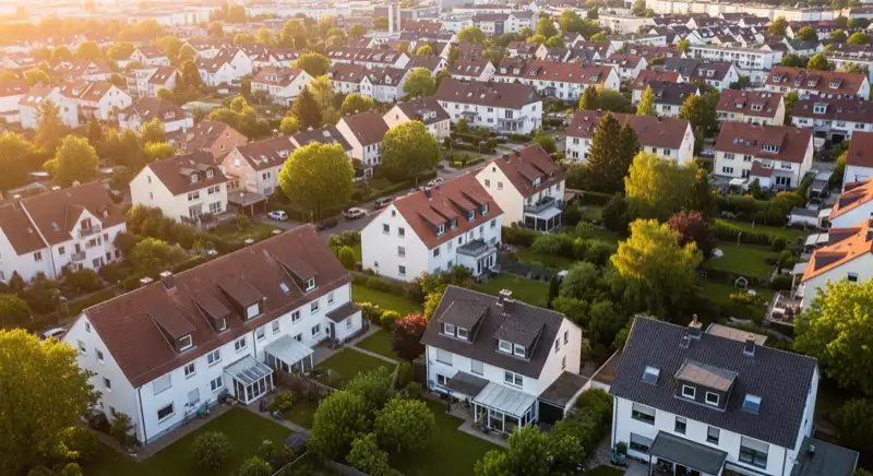 Aerial drone view of typical German residential neighborhood with mixed roof types, red and dark roof tiles, gardens visible, sunny day