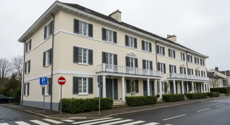 Hausbesitzer-Paar vor Einfamilienhaus in Freiburg, sonniger Tag, positive Energie-Szenerie