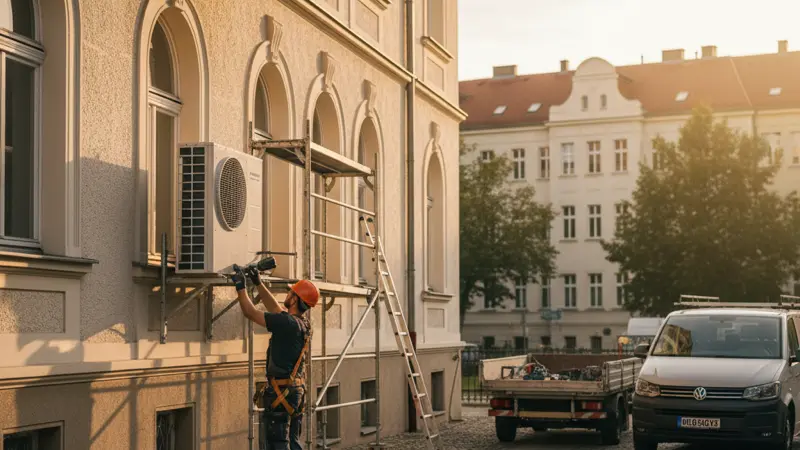 Fachhandwerker installiert Luft-Wasser-Wärmepumpe an Freiburger Altbau in der Wiehre