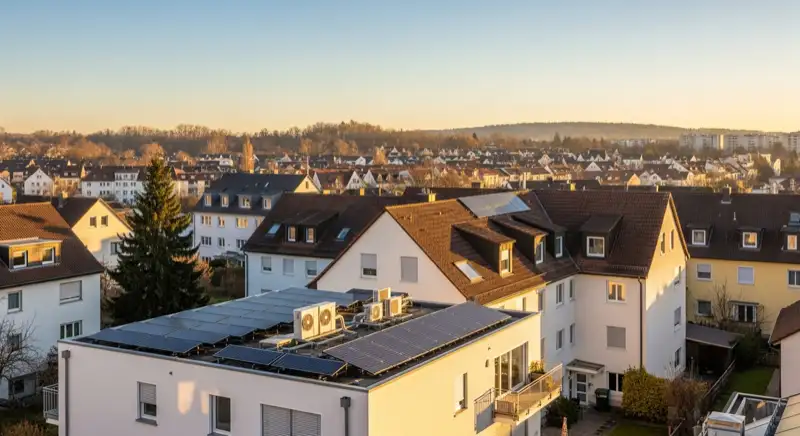 Wohngebiete in Freiburg mit verschiedenen Bauformen, typische Einfamilienhäuser und Dachstrukturen aus der Luft