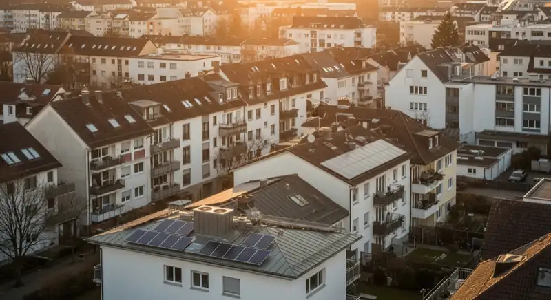 Wohngebiete in Freiburg mit verschiedenen Bauformen, typische Einfamilienhäuser und Dachstrukturen aus der Luft
