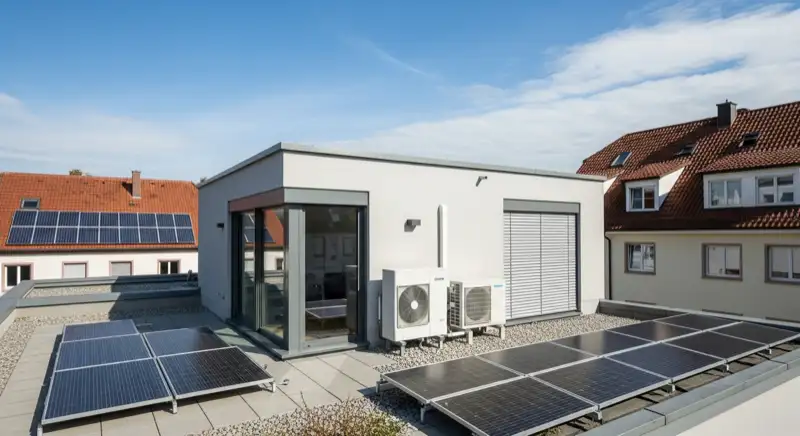 Moderne Luft-Wasser-Wärmepumpe Außeneinheit an typischem Freiburger Einfamilienhaus im Stadtteil Herdern